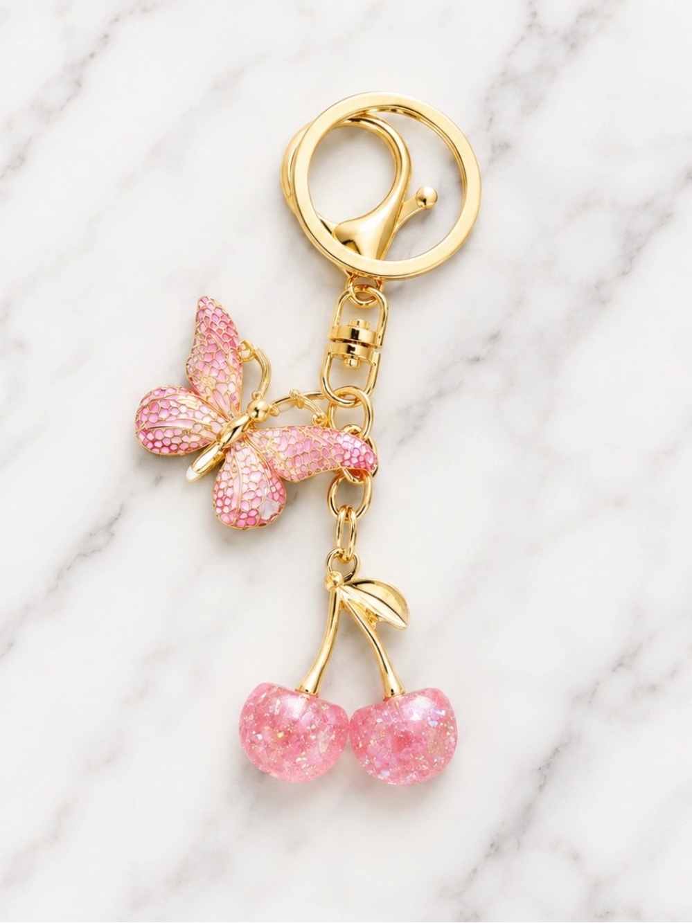 Bag Charm/Keyring-Pink Butterfly & Cherry Bag Charm Keyring-Gold Hardware